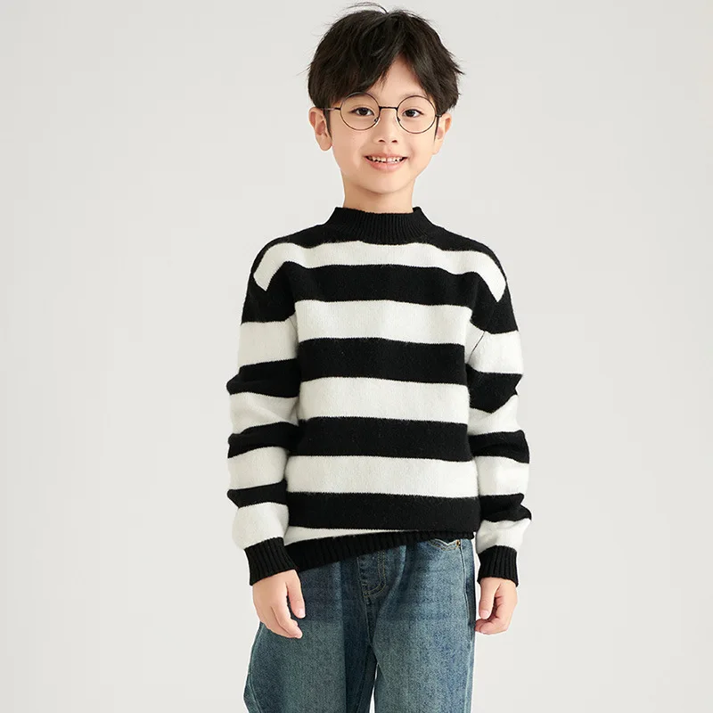 24 Autumn and Winter New Wool Seven-Pin Half Turtleneck Wide Striped Fashionable Boys and Girls Knitted Pullover Sweate