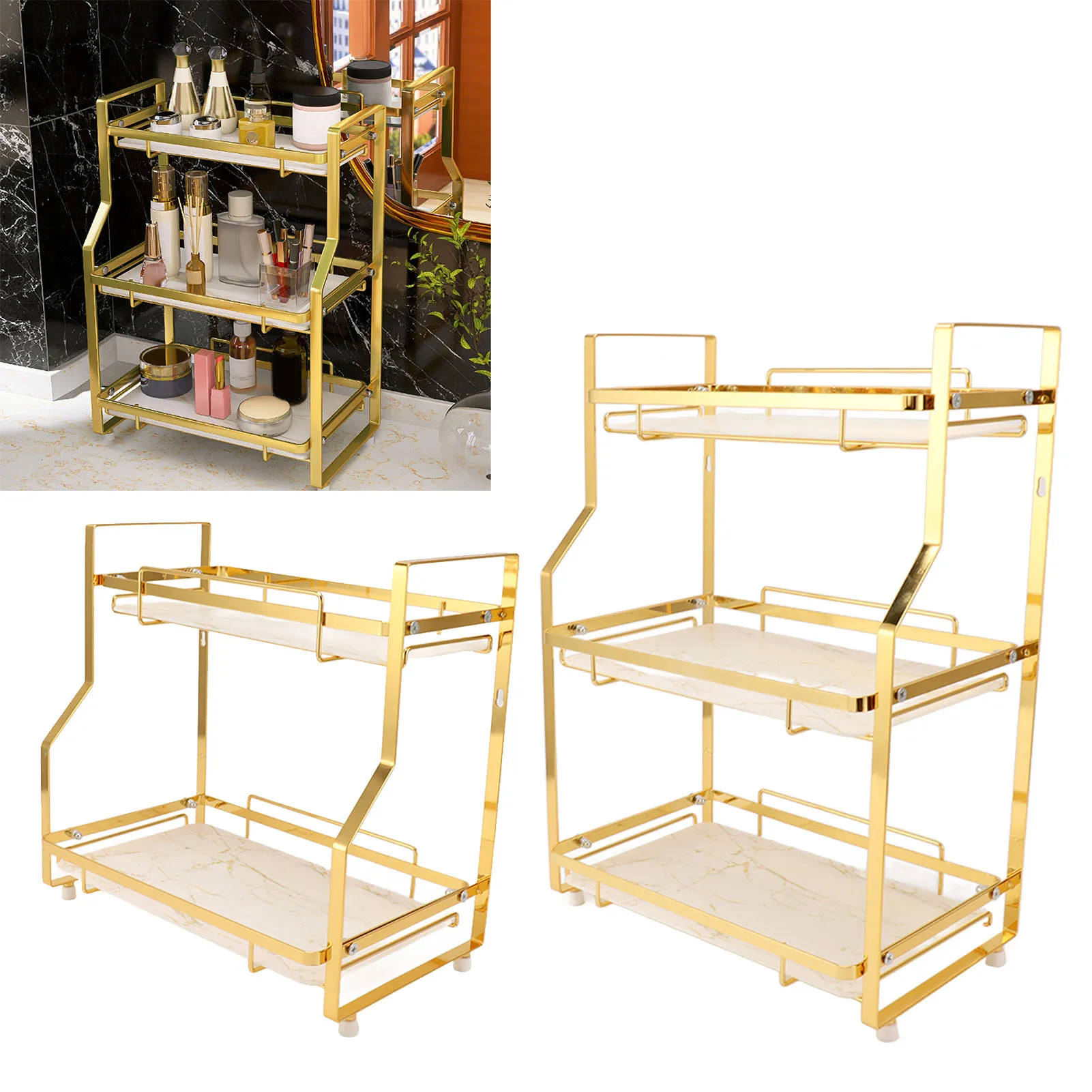 Badezimmer-Aufbewahrungsregal, Wandmontage, Eck-Organizer, Stehregal für Wohnzimmer, Schlafzimmer, Küche, Weiß und Gold