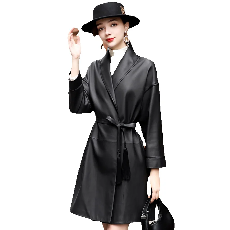 New Season Genuine Leather Sheep Skin Trench Coat Casual Fashion Jacket V-Neck Korean Version