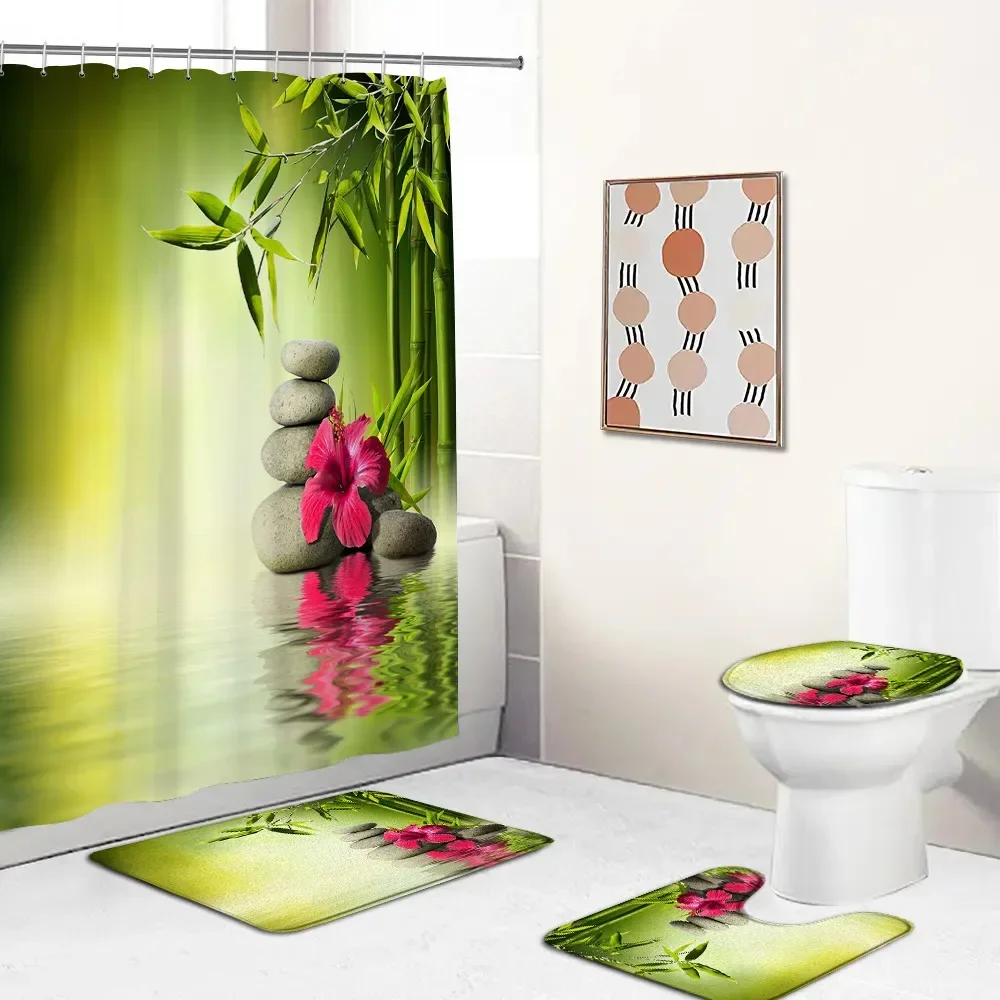 Zen Green Bamboo Shower Curtain Set Orchid Buddha Meditation Black Stone Candle Stream Home Carpet Bathtub Mat Toilet Lid Cover