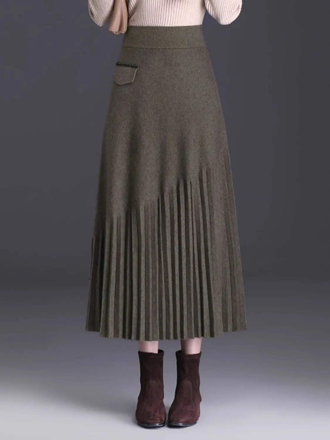 2024 Thickened Large Size Knitted A-line Skirt Solid Color Autumn and Winter New High Waist Thin Long Pleated Skirt Casual LJ212