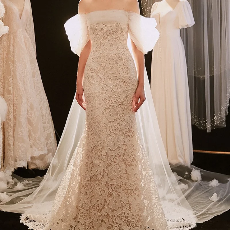 الفرنسية خارج الكتف جديد العروس الغابات نمط في الهواء الطلق ثوب أنيق خمر الدانتيل حورية البحر ضوء ثوب مع الزهور ثلاثية الأبعاد