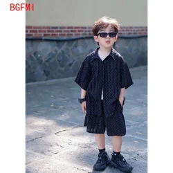 Boys Summer Short Sleeved Single Breasted Shirt+ Shorts Set 2026 New Flash Diamond Boys Baby Korean Edition Blazer Two Piece Set