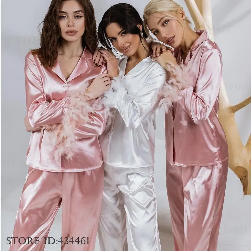 

Bride Bridesmaid Wedding Pajamas Set Gift Luxury Feather Long Sleeve Trouser Pijamas Suit Fashion Satin Lounge Wear Homewear