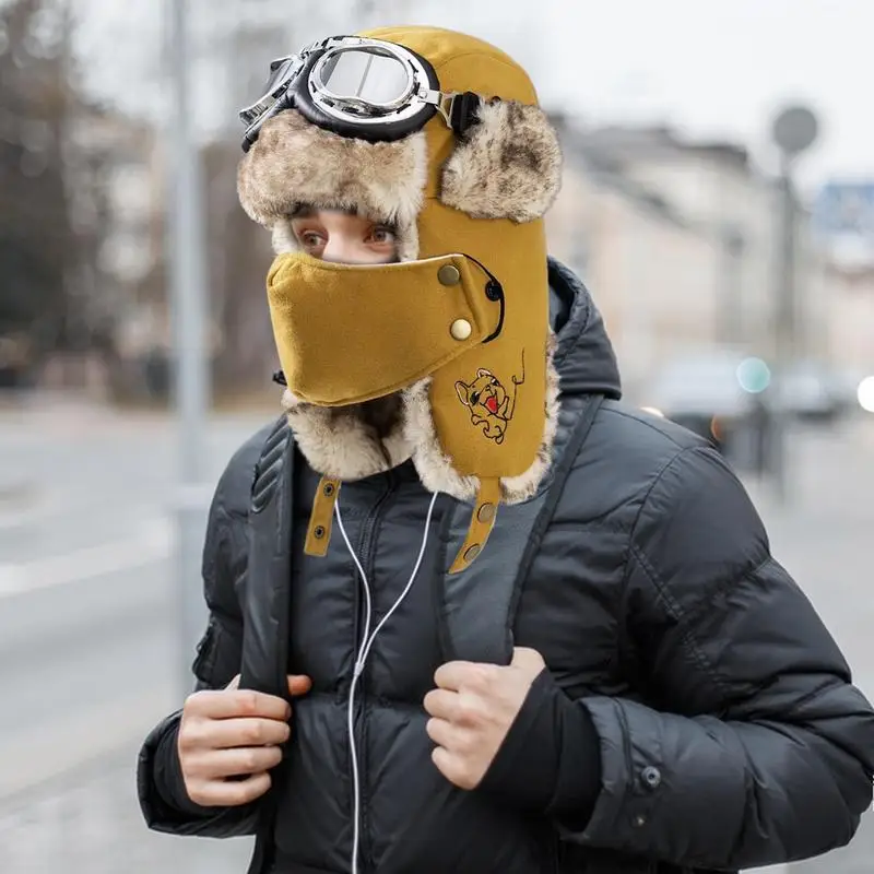 Lei Feng Hat Men's Retro Cold Weather Lei Feng Hat Winter Warm Trapper Hat With Goggles Earmuffs Face Cover For Cycling Skiing