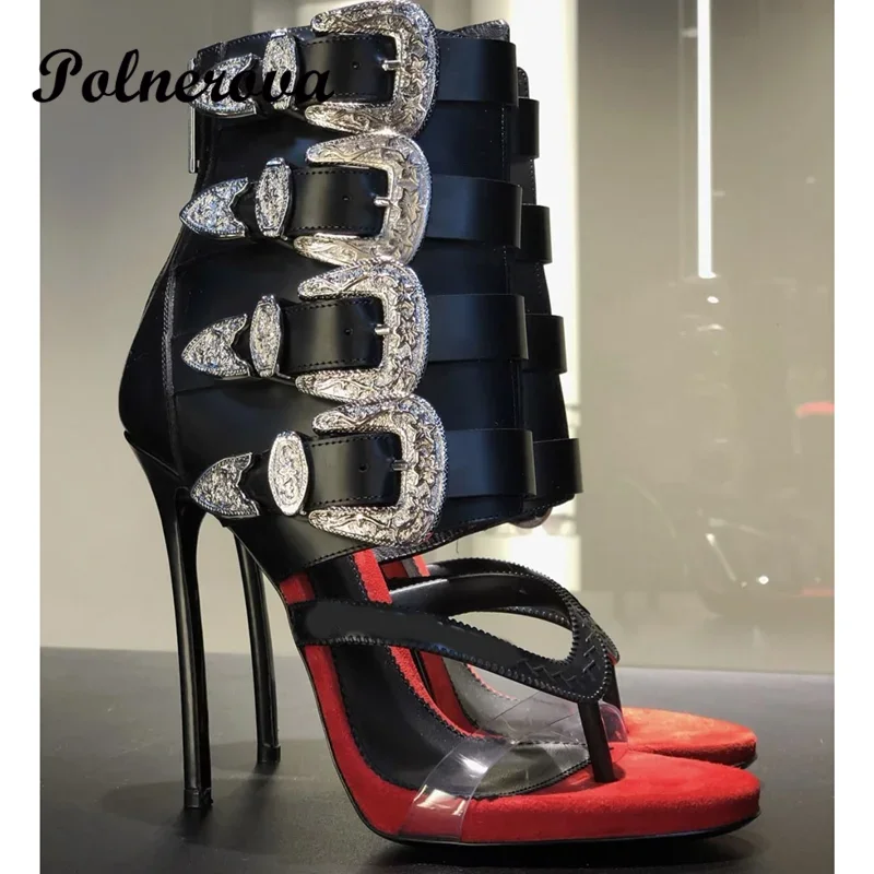Sexy Flip Toe Metal Buckle Sandals Mid Calf Sandal Boots Stiletto Heels Zipper Women Shoe Summer Sandalias De Mujer Verano