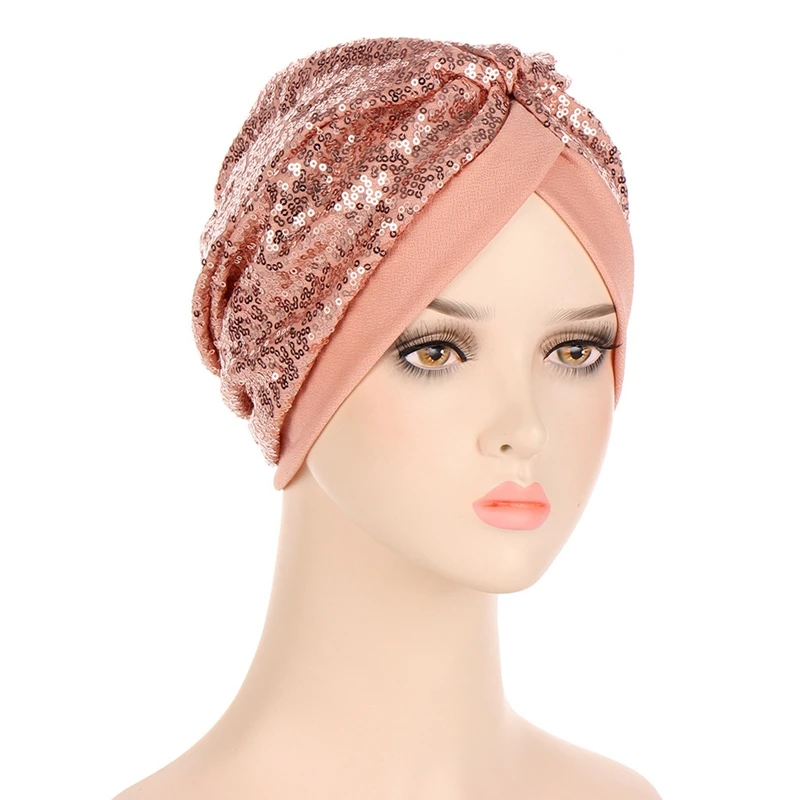 Muslim Turban Hat Women Crinkle Hijabs Ladies Bandanas Pleated Shimmer Hijabs India Sequin Bonnet Caps African Head Wraps