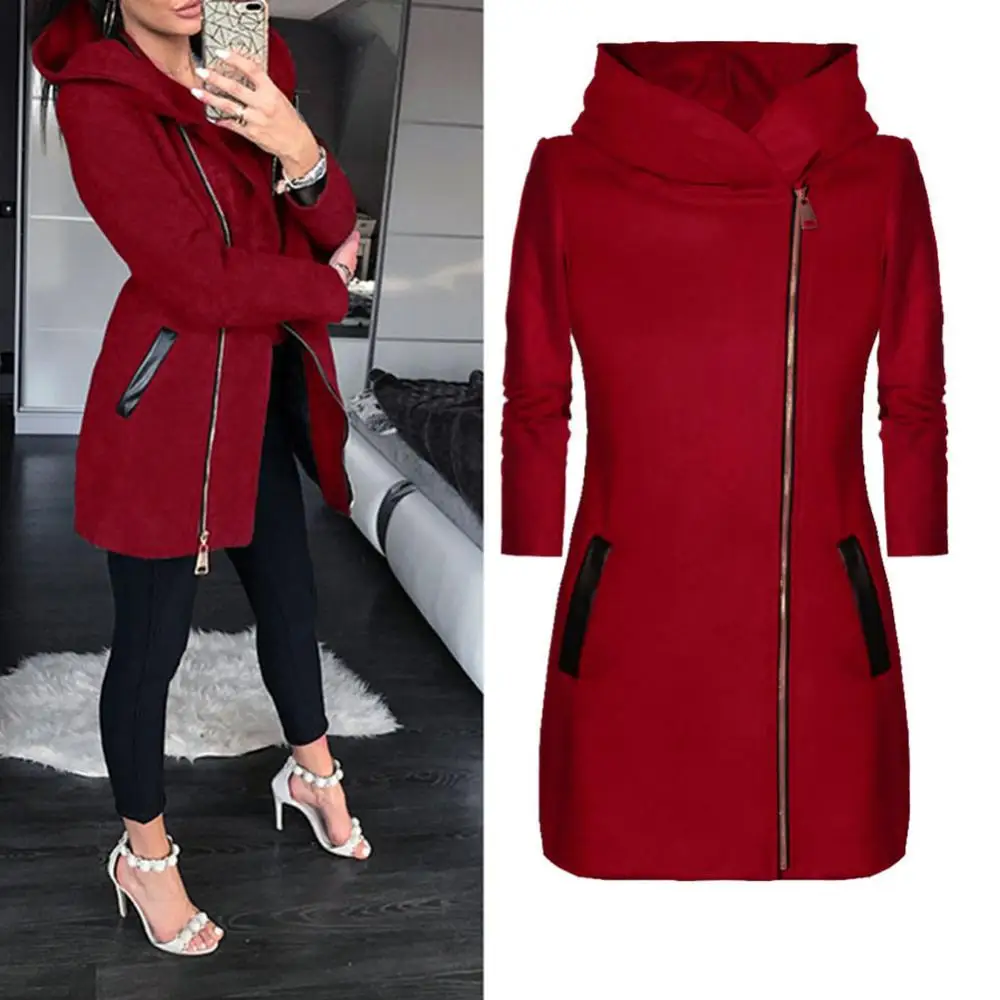 Jackets Autumn Winter Fashion Women Coat Solid Color Zip up Long Sleeve Hooded Jacket Coat Outerwear Long Section Women's Coat