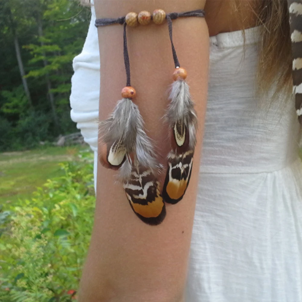 Gypsy Hippie Rope Feather Hair Accessories Tribal Arm Women Ethnic African Wood Beaded Headband Armband & Bracelet India Jewelry