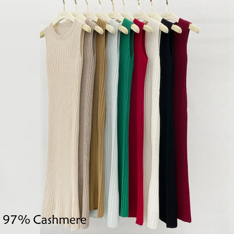 97 cashmere long vest dress womens fashion dresses sexy autumn women gilet knitted sweater for woman aesthetic sleeveless trendy