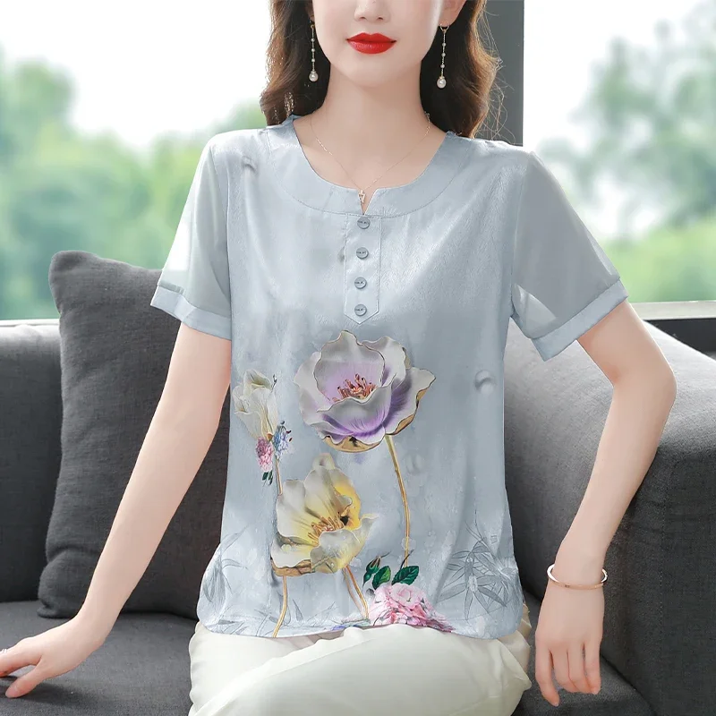 National Printed Shirt Women's Short Sleeve Summer Mom Loose Shirts Women Flower Top