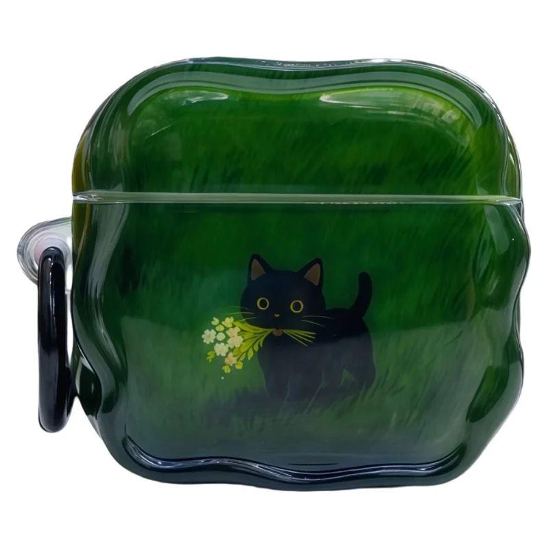 Grass Black Cat Print Kopfhörerhülle mit Ring für Airpods Pro/Pro2/Pro3/1/2/3/4/5 Staubdichtes IMD-Design