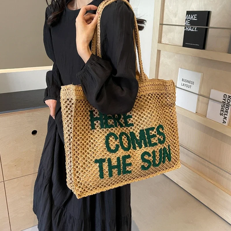 Summer Crochet Tote Bag Women Large Capacity Straw Braid Shoulder Bag Portable Beach Letter Handwoven Handbags Casual Bags