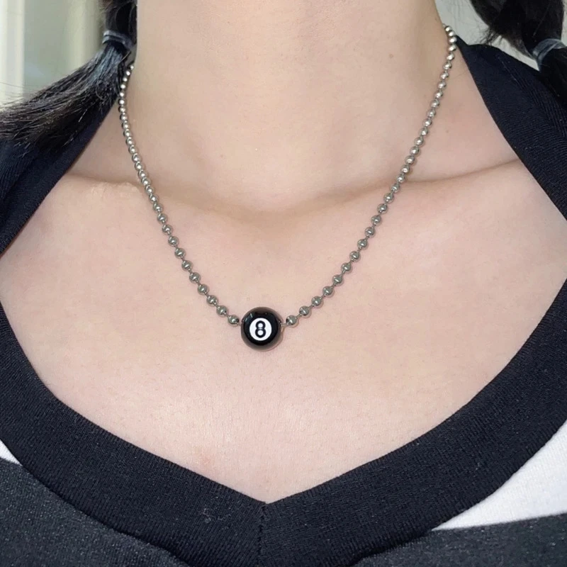 Kpop Fashion Vintage Black 8 Billiard Ball Pendant Beads Necklace For Women Men Hip Pop Punk Grunge Jewelry Y2k 90s Accessories