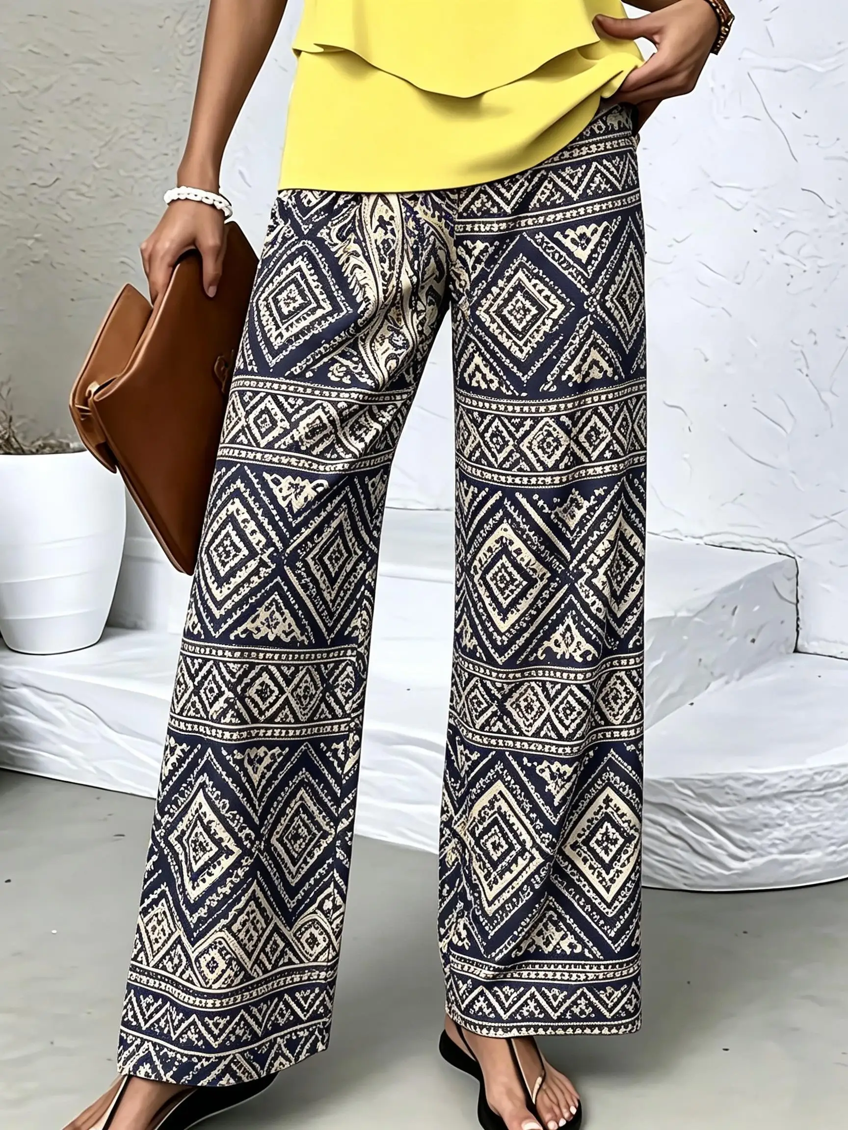 Women Boho Geometric Diamond Print Wide Leg Pants Elastic High Waist Thick Loose Palazzo Trousers Spring Autumn Casual