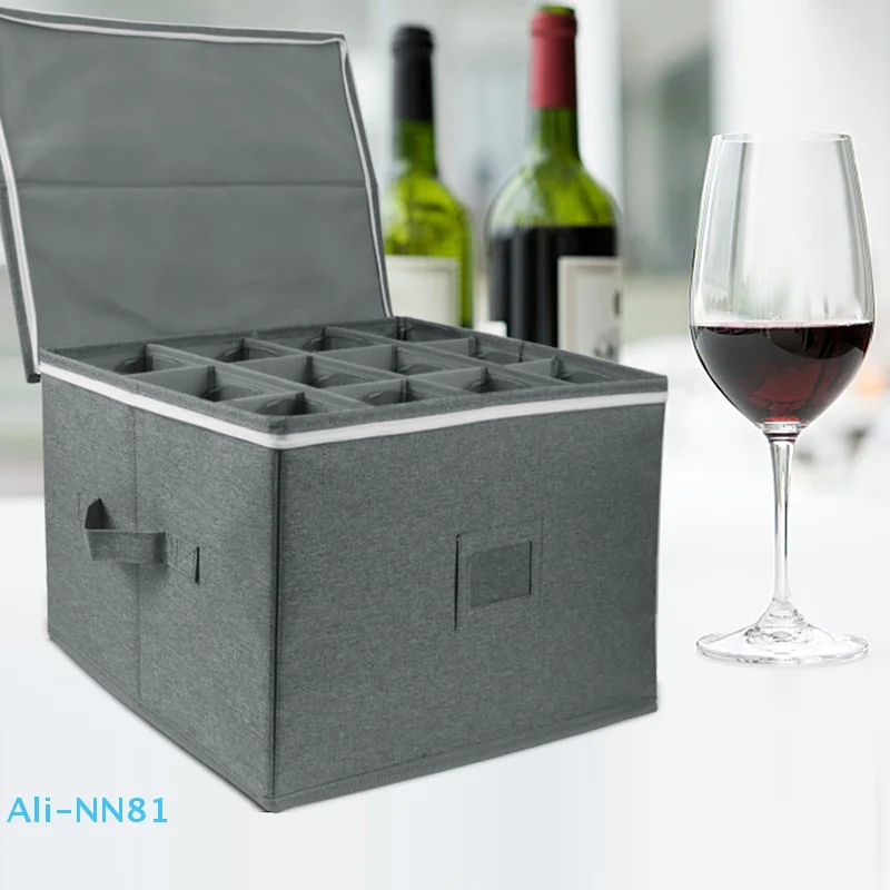 

【N】Wine glass Storage Box with Divider ，Storage Containers Hard Shell Stemware Storage Bins with Lids Holds 12 Wine Glass