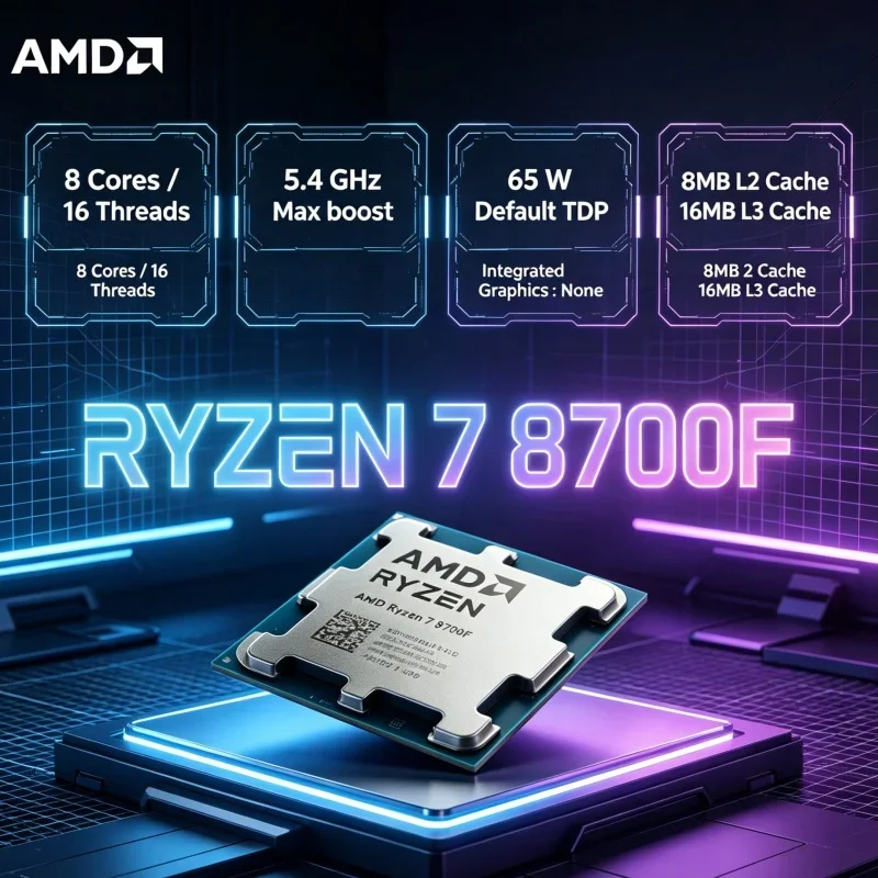 AMD R7 8700F High-End Desktop Processor 8 Core 16 Thread 5GHz Turbo Boost AM5 Socket Zen 4 16MB L3 CPU