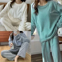 Ladies Clothes 2024 Spring Fall Thickened Warm Pajamas Coral Velvet Soft Women Cozy Leisure Homewear Striped Floral Loungewear