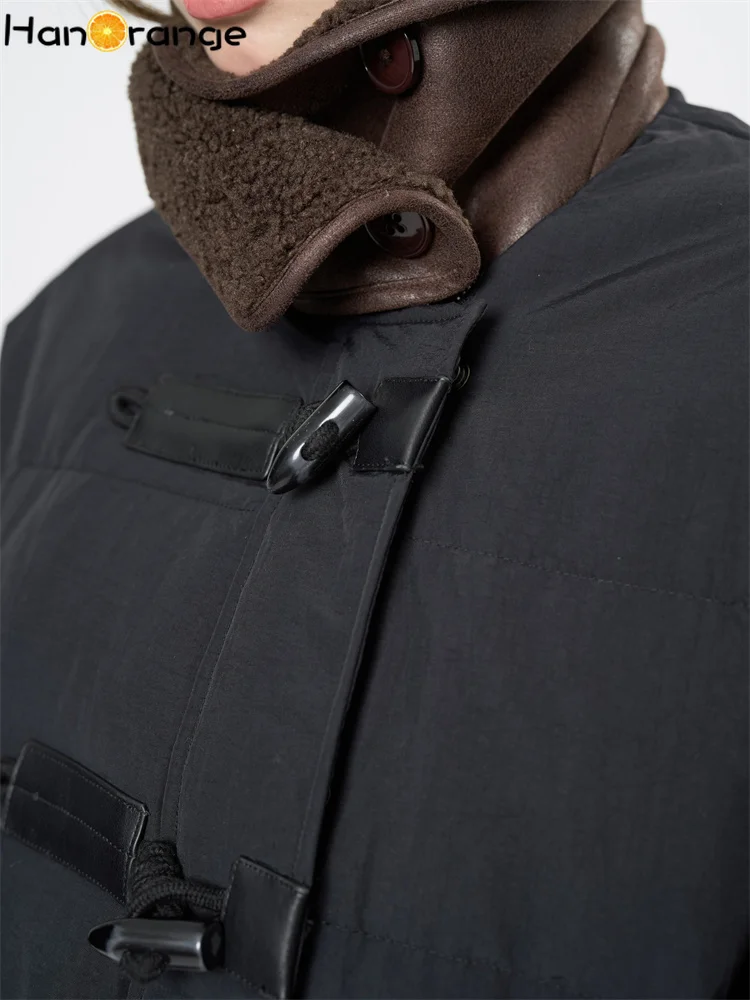 HanOrange 2024 Winter Fake Lambswool Collar Horn Button Padded Jacket Women Loose Silhouette Short Down Jacket Black