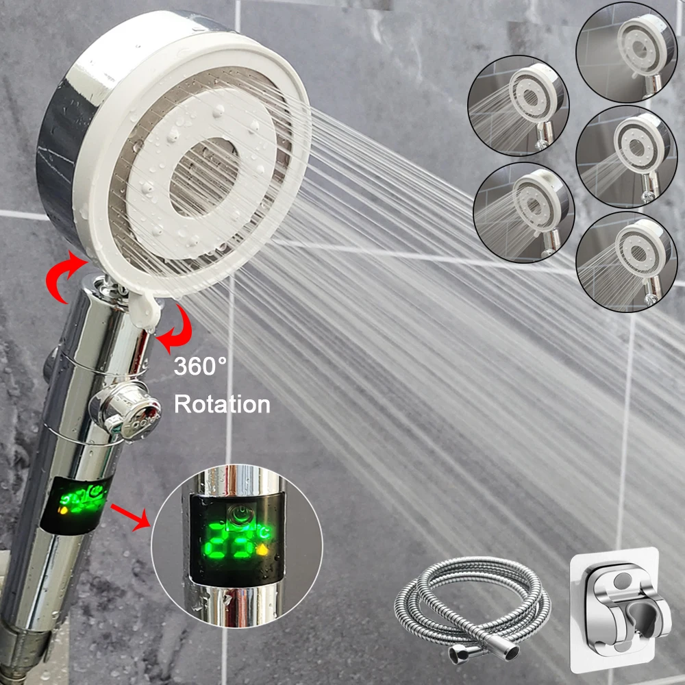 Digital Temperature Display Shower Head 5 Modes High Pressure Showerhead Bathroom Water Saving Pressurized Rainfall Shower