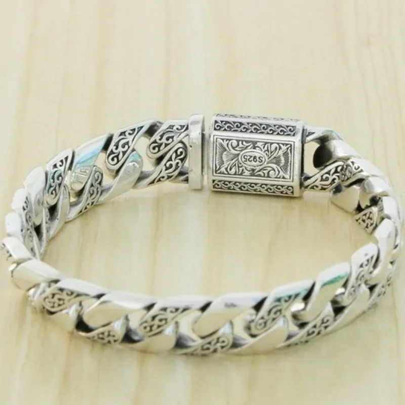 Retro Wide Arabesque Chain Bracelet, Thick Smooth Surface Bangle, Handmade Punk Hip-hop Statement Wrist Ornament for Men Women