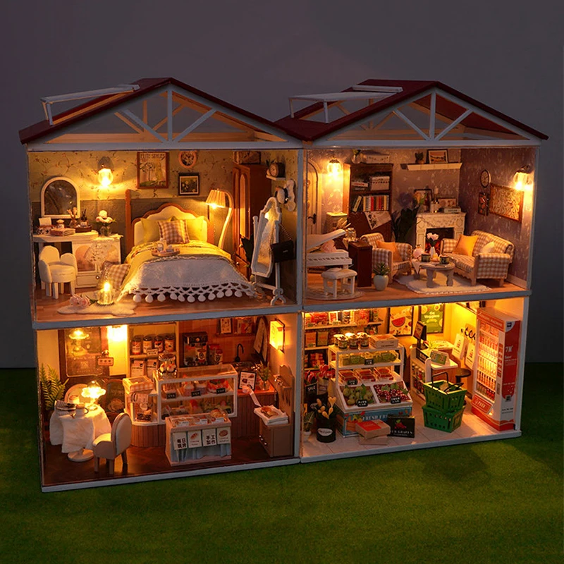 Bricolage en bois Mini Casa chambre librairie modèle Miniature Kits avec lumières LED maison de poupée avec meubles pour amis cadeaux d'anniversaire