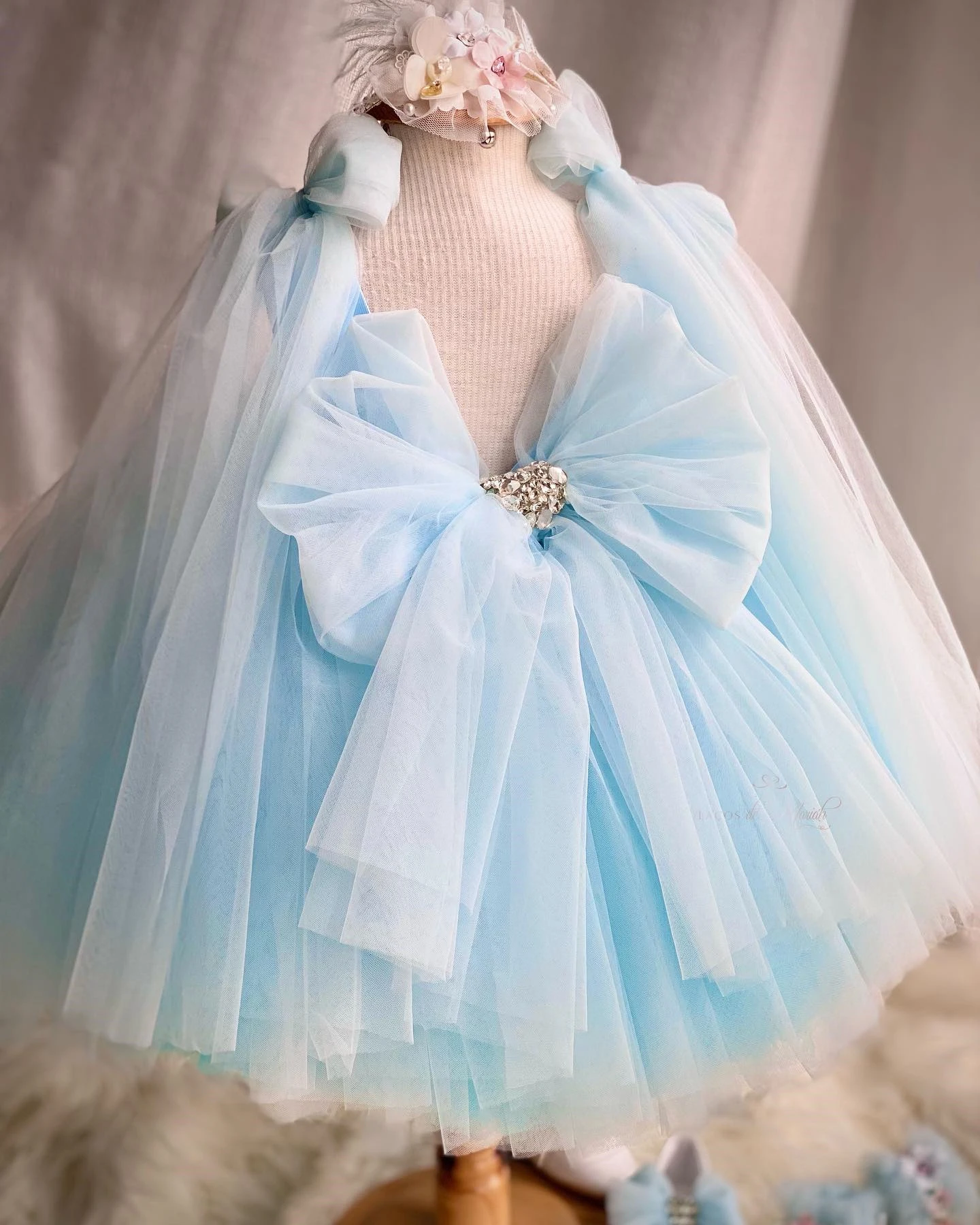 Princess Sky Blue Flower Girl Dresses For Wedding Tulle Bow Appliqued Floral Lolita Toddler Pageant Gowns Kids Birthday Dress