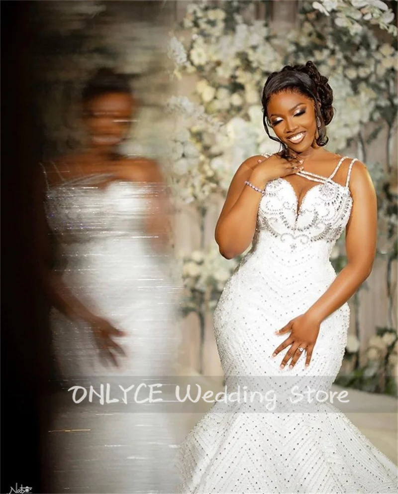 Glitter Beaded Mermaid Wedding Gowns 2024 Straps With Big Cape Beading Crystals Bridal Gowns Robe De Mariee Custom-Made