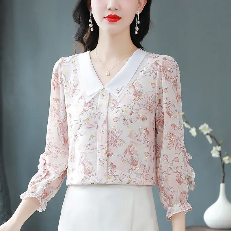 แฟชั่นพิมพ์เสื้อเชิ้ตแขนสามในสี่เสื้อชีฟองผู้หญิงฤดูใบไม้ผลิฤดูใบไม้ร่วงรุ่นใหม่ลดอายุกระชับสัดส่วนฐานอเนกประสงค์