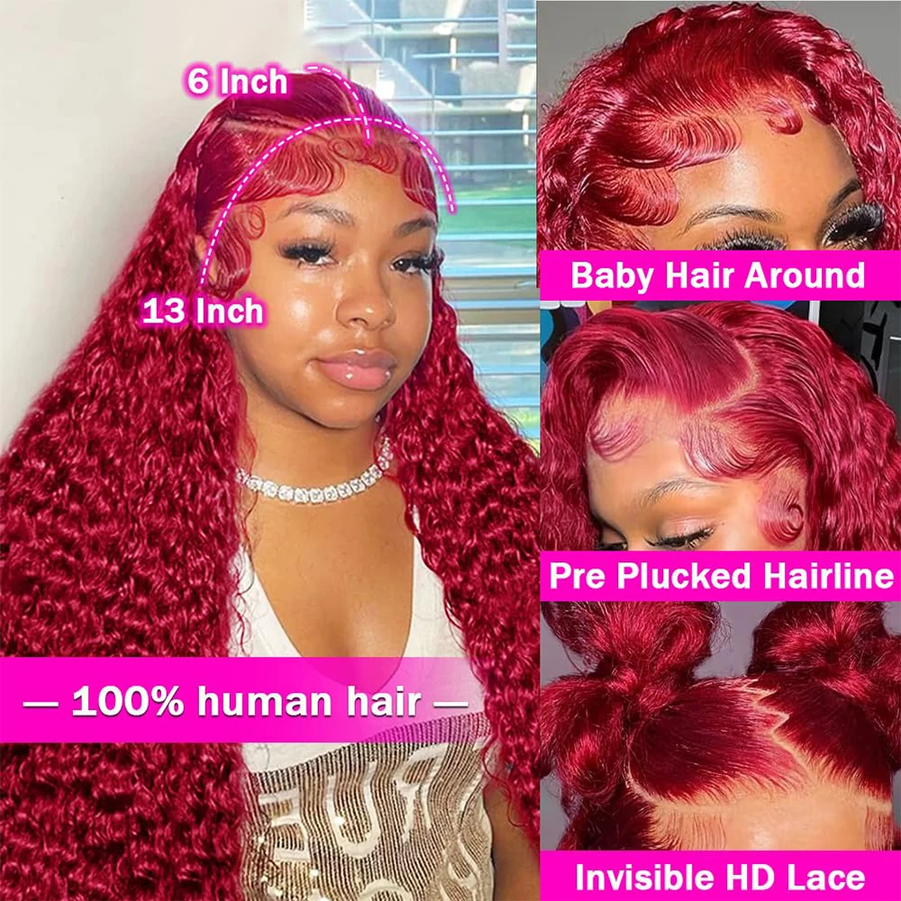 99J Red Deep Wave Burgundy Curly 13x6 hd Transparent Lace Frontal Human Hair Wig 200 Density Water Wave Brazilian Human Hair