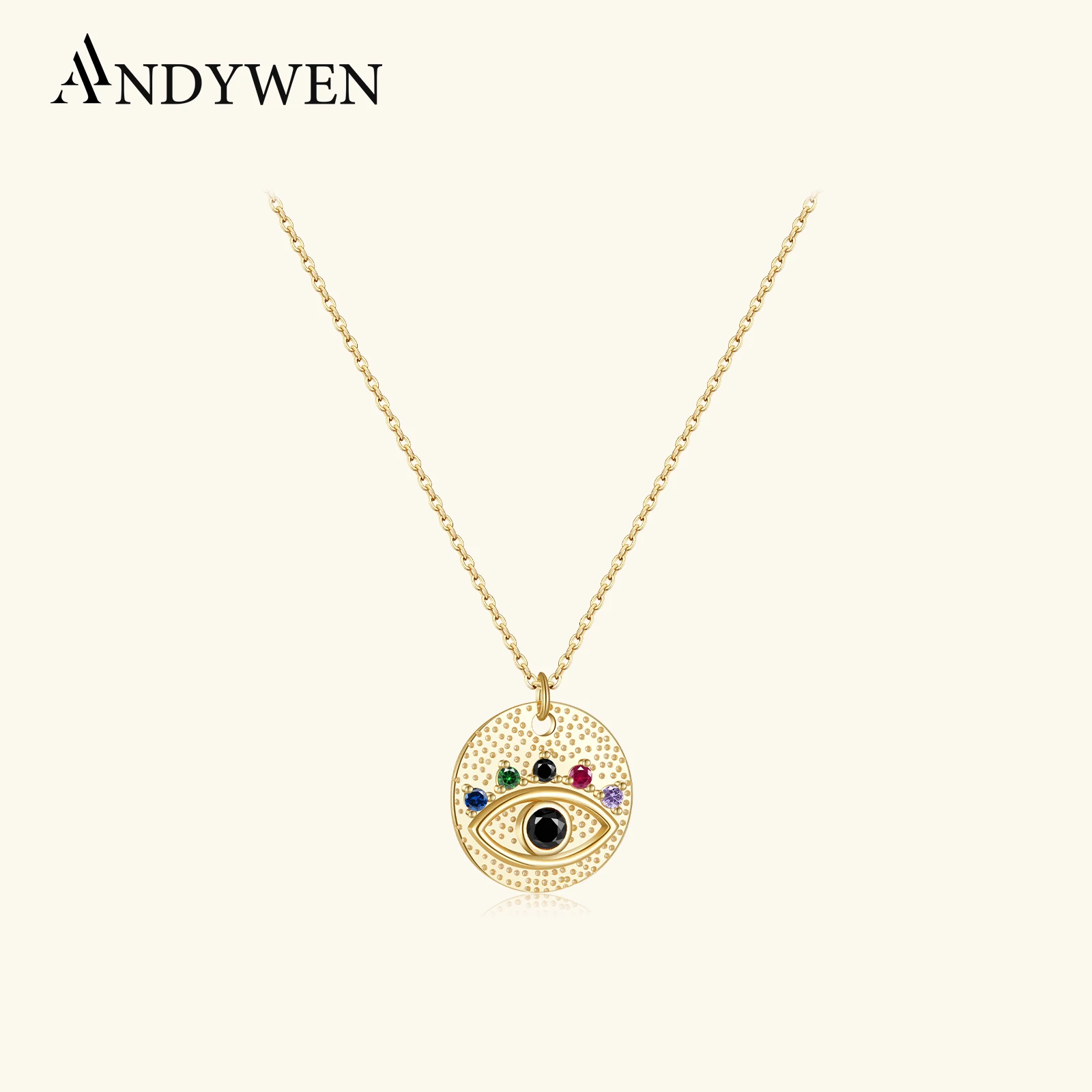 

ANDYWEN, новинка, стерлинговое серебро 925, золото, красочные глазные монеты, кулон, ожерелье, длинная цепочка, счастливый глаз, роскошные женские модные изящные драгоценности