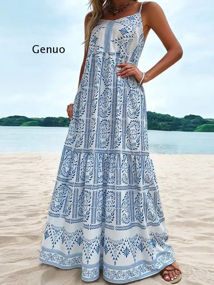 

Ladies 2022 Big Hem Dress Women Sling Beach Dress Summer Floral Printed Straps Off Shoulder Boho Printed Cover UP