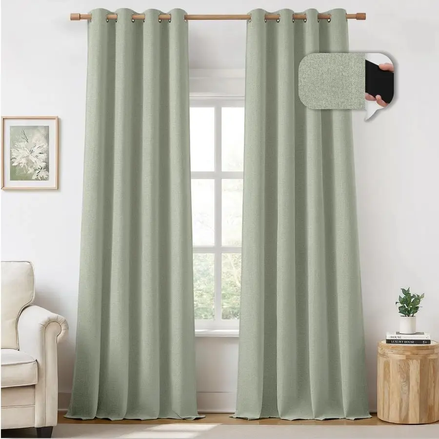 ผ้าม่านกันแสงสีเขียวเซจ 100 ผืน สำหรับห้องนอน ขนาด 52 x 84 นิ้ว 2 ผืน ผ้าลินินเทียม ป้องกันความร้อน พร้อมห่วงตาไก่