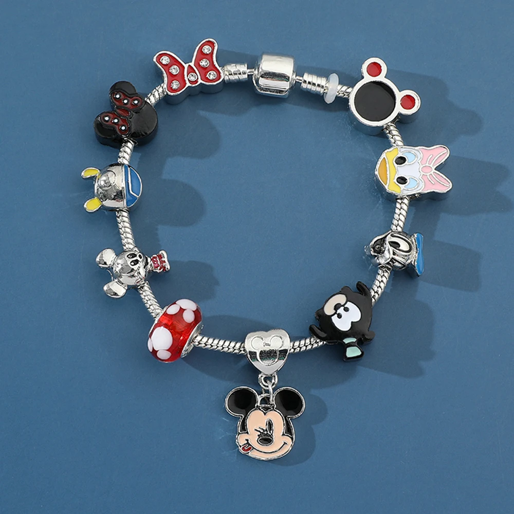 New Cute Mickey Minnie Pink Crystal Beads Bracelet for Women Girls Silver Color Bracelet Jewelry Gift