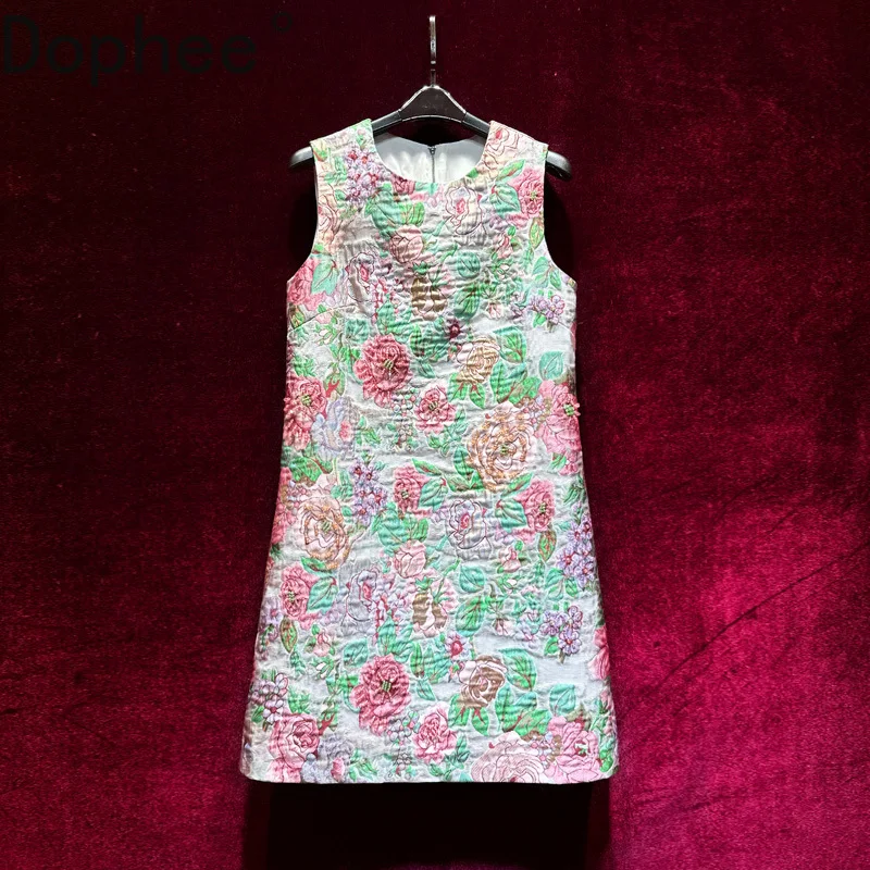 ラグジュアリーダイヤモンドビーズジャカードショートAラインドレス2025新作夏ノースリーブミニドレスエレガントレディOネック女性タンクドレス