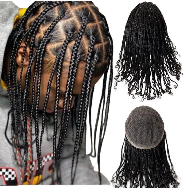 

12" Mongolian Virgin Human Hair Hairpieces 1B# Box Braids Toupee 8x10 Full Lace Toupee for Black Men