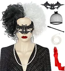Cruella Deville Black and White Wig for Women Cruella Costume Wig for Halloween 1920s Party Heat Resistant Synthetic Wig