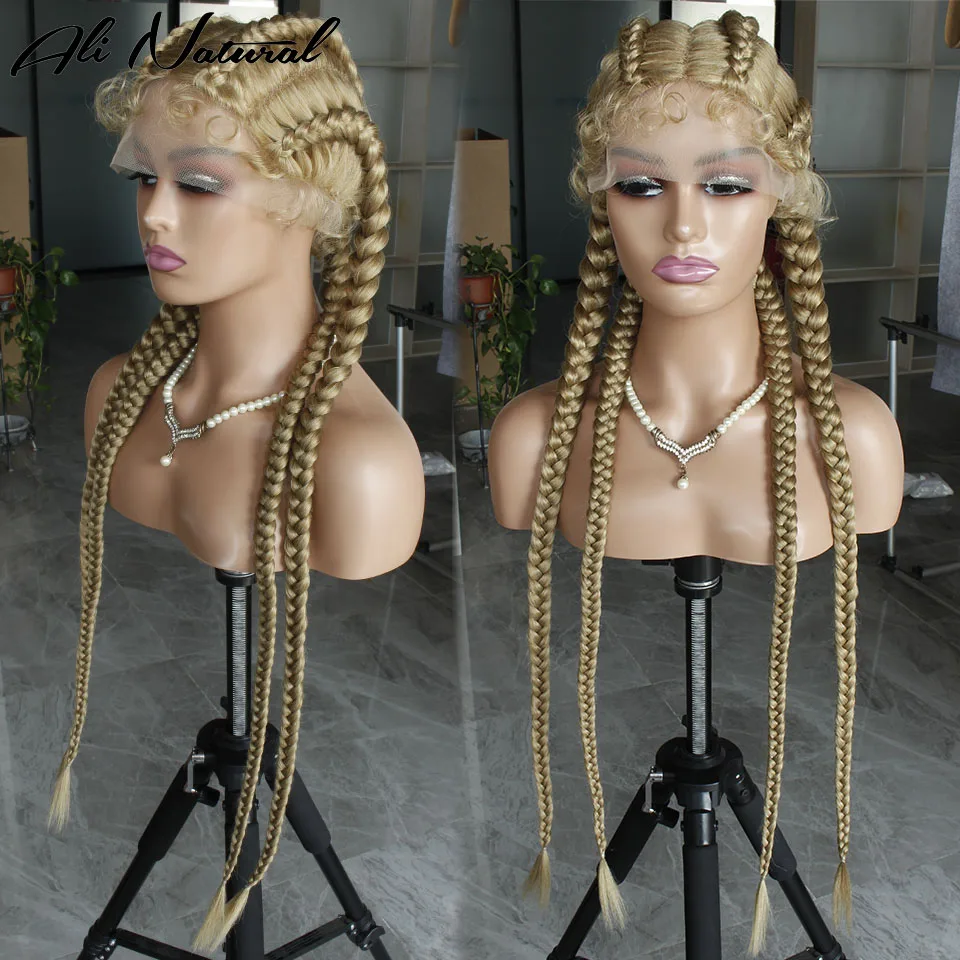 Mixed Brown Blonde Long Braided Synthetic Wig With Baby Hair 27/613 Mix Color Double Dutch Box Braid Wig For Black Women