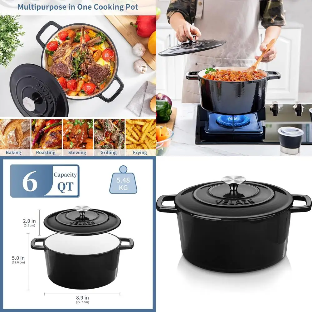 

6-Quart Black Non-stick Cast Iron Dutch Oven with Dual Handles for Baking, Stewing, Roasting - Suitable for All Heat Sources
