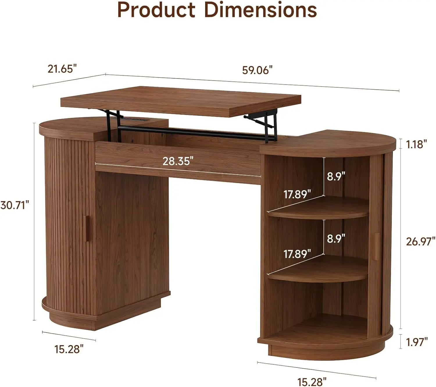 59 Inch Lift Top Office Desk with USB Charging Ports & Storage, Mid-Century Modern Fluted Curved Computer Study Desk with Adjustable Height for Home Office