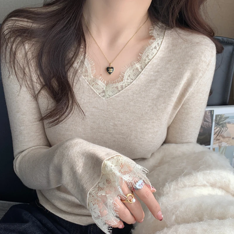 Knitted Sweater Women Pullovers New Long Sleeve V-Neck Black Lace Knit Sweater Pullover Women Tops Sweaters Women Clothing Q2078