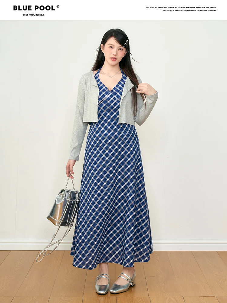 

Летний женский комплект BluePool в клетку для похудения: кардиган с высокой талией и длинными рукавами для защиты от солнца, повседневный модный стиль, большие размеры