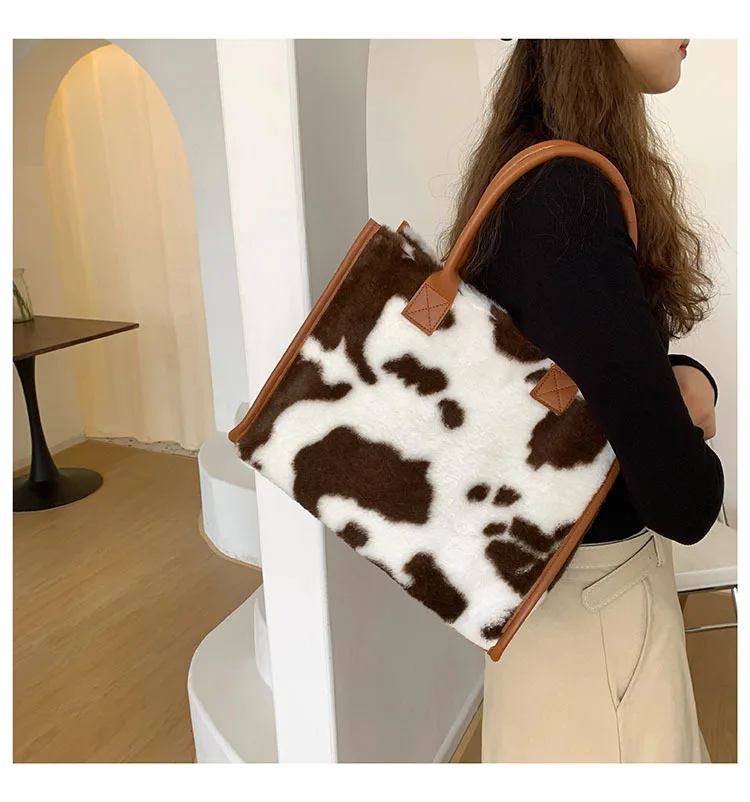 2024 New Top-handle Bags Bags Retro Cow Leopard Print Pu Leather Plush Design Autumn Winter Small Women Handbags Cheap