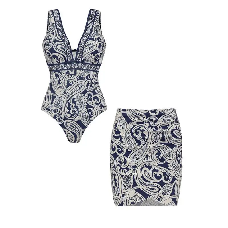 Flaxmaker Summer Swimsuit and Skirt Woman Sexy V Neck Blue Paisley Print Swimsuit Sets Printed Beachwear Biquini conjunto de