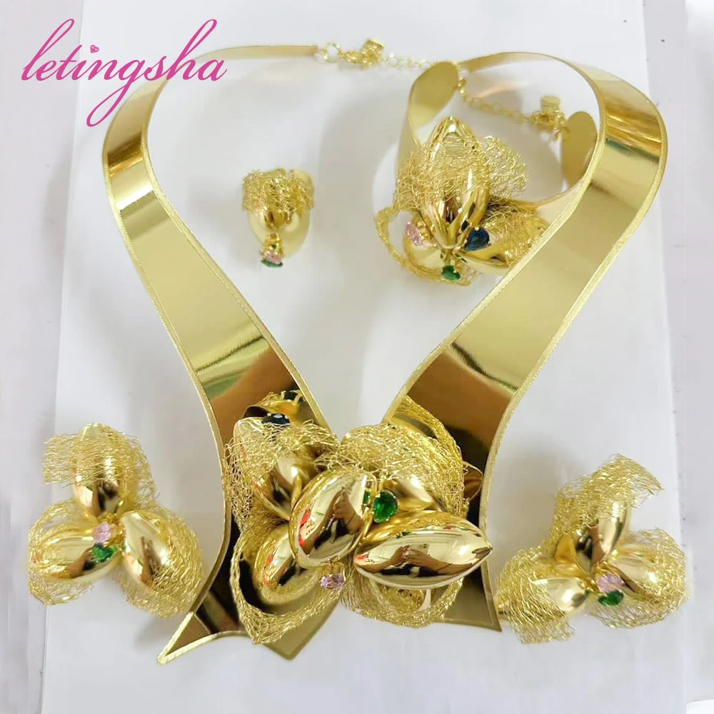 

Fashion Gold Color Pendant Earrings Cuff Bangle Ring Luxury Gold Plated Necklace Set Dubai Big Jewelry Set for Ladies Party Gift