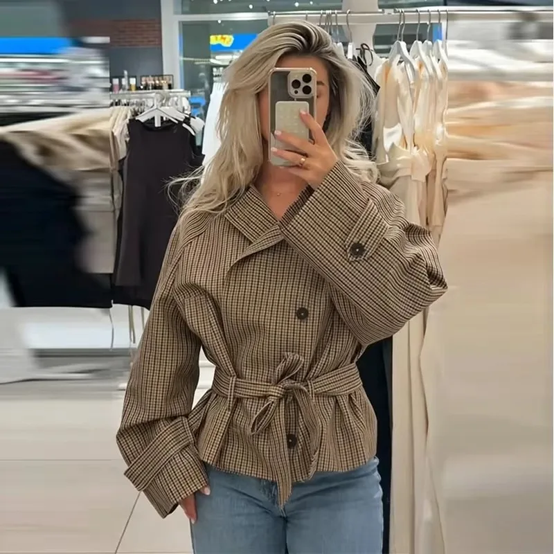 Damen Herbst Winter Trendige Karo-Kurzjacke mit Doppelreiher, Gürtel und Taschen, Jacken-Outfits, Streetwear, Trenchcoat für Frauen – Detail 7