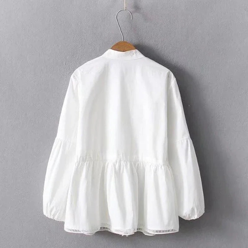 Spring Autumn Sweet Floral Embroidery Cotton Shirt Women Solid Color  Lace Stand Collar Long Sleeve Casual Looose Blouse Tops