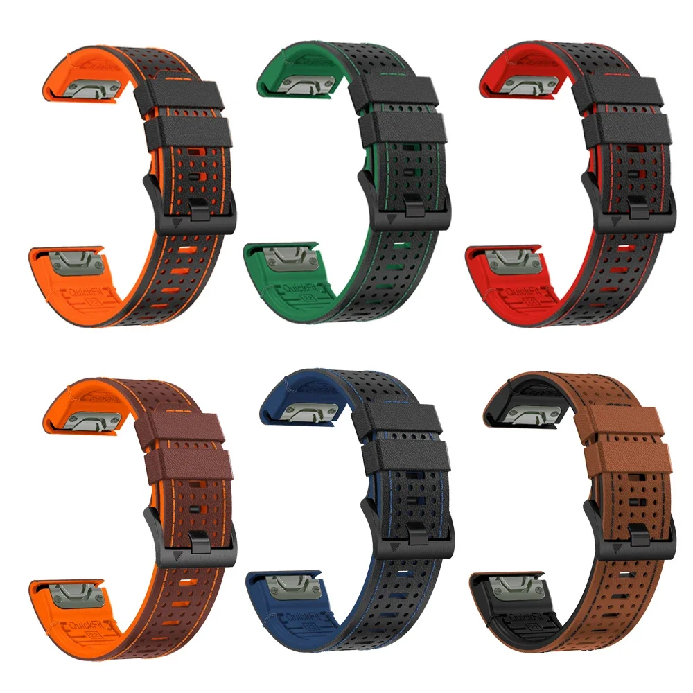 Quickfit 22 26mm For Garmin Fenix 7X 7 6X 6 5X Strap Silicone+Leather Bracelet For Epix Gen Pro 2 47 51 Forerunner 955 Strap