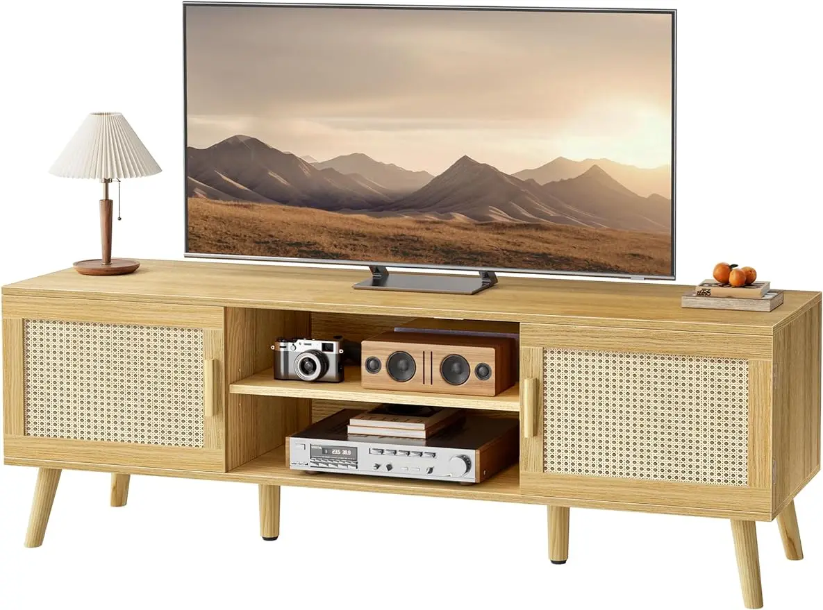 

TV Stand for 55 In TV,Rattan Entertainment Center with Adjustable Shelf,2 Cabinets,Media Console,Solid Wood Feet - Natural