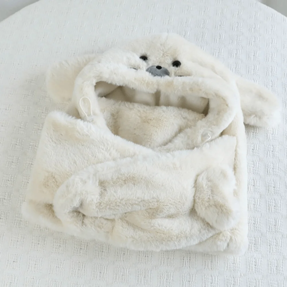 Simple Fleece Seal Plush Hooded Scarf Cute Solid Color Earflap Hat Thickened Soft Winter Cap Female/Girls